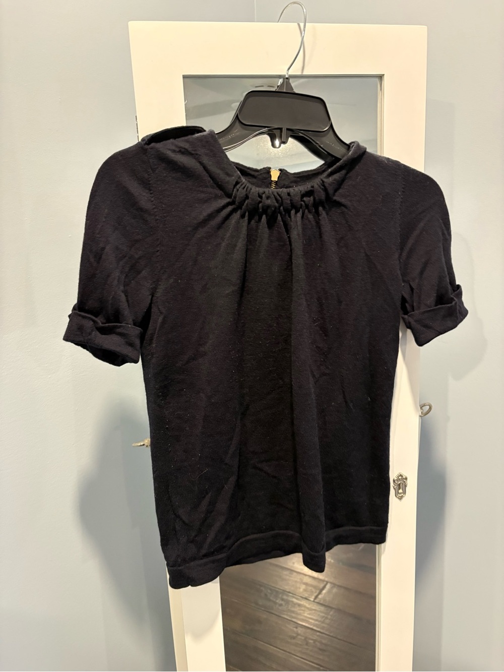 Tory Burch Navy Short-Sleeve Gathered Neck Top